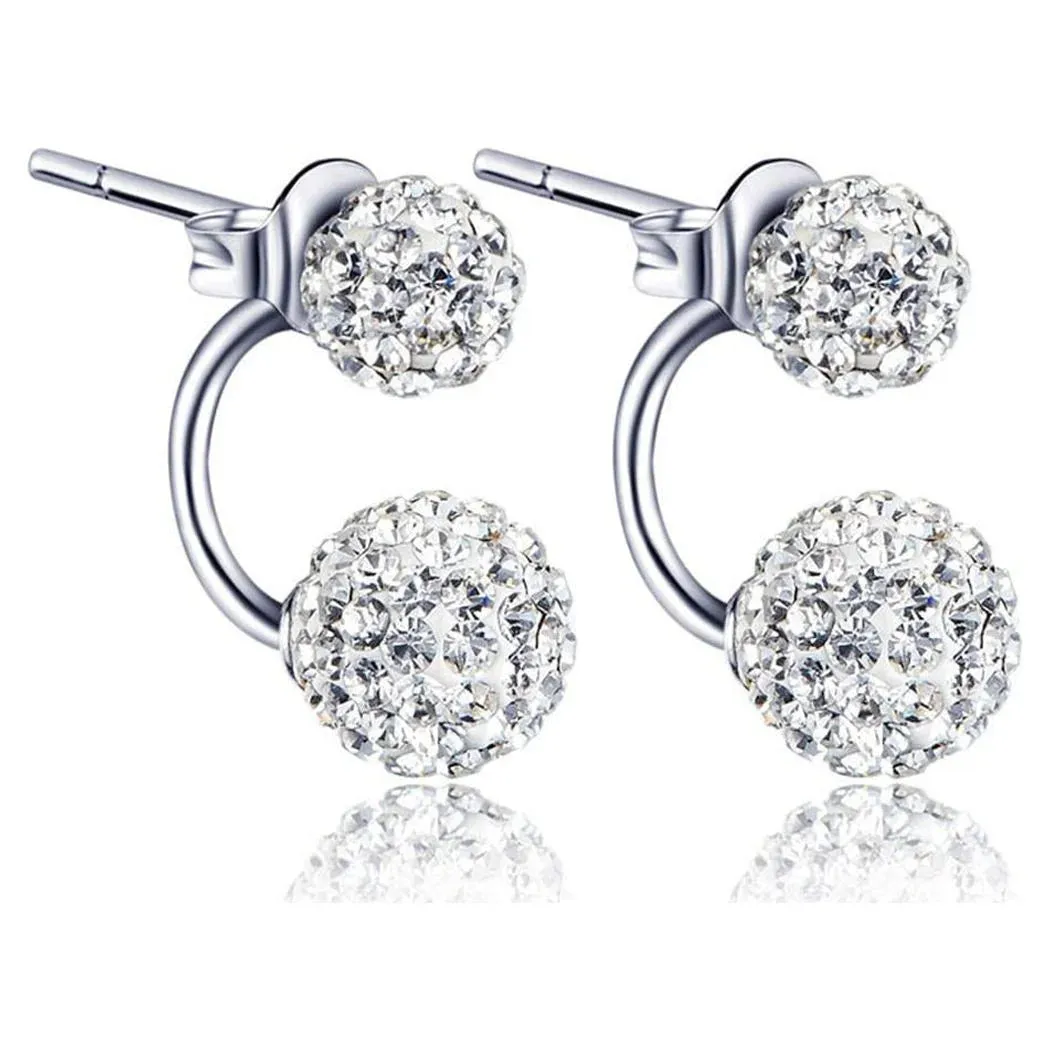 1 Pair Women Jewelry Silver Double Beaded Rhinestone Crystal Stud Earrings HFON