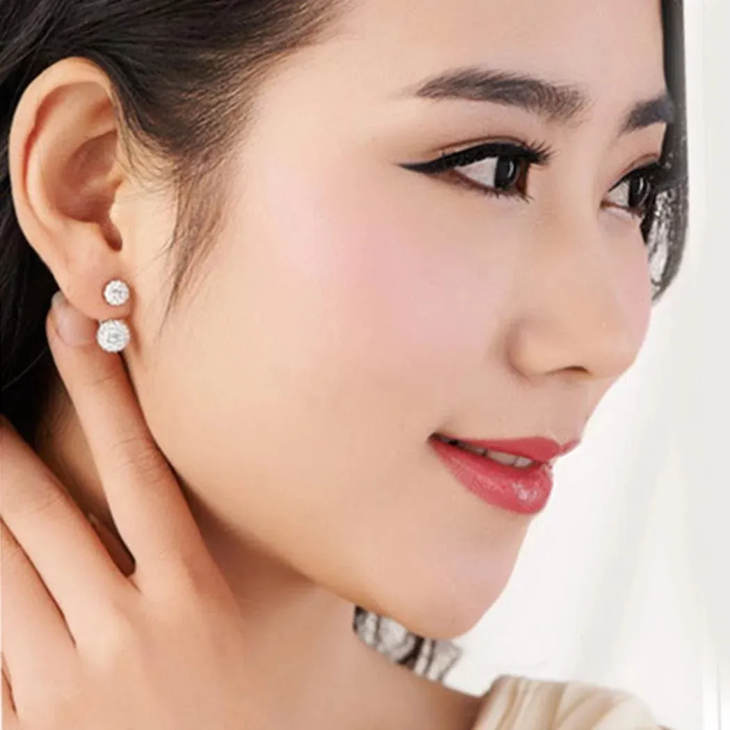 1 Pair Women Jewelry Silver Double Beaded Rhinestone Crystal Stud Earrings HFON