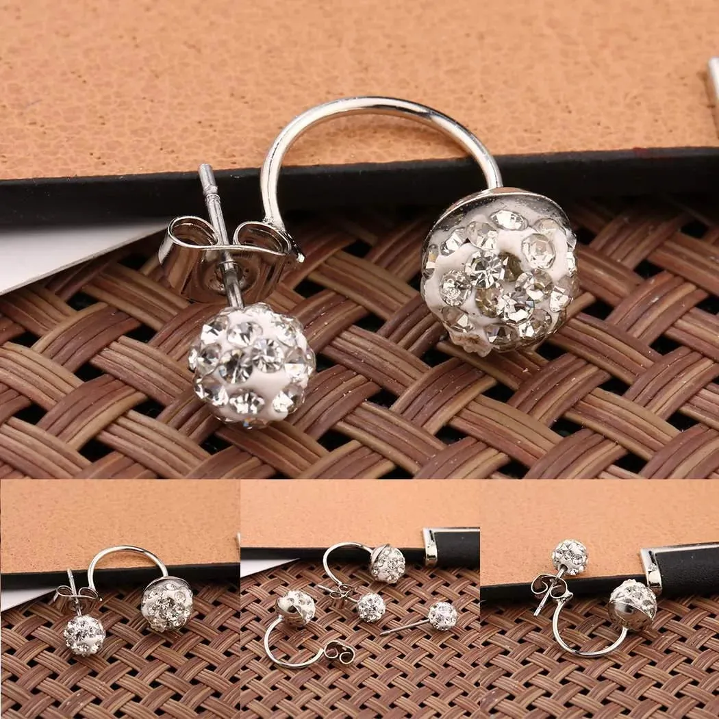 1 Pair Women Jewelry Silver Double Beaded Rhinestone Crystal Stud Earrings HFON