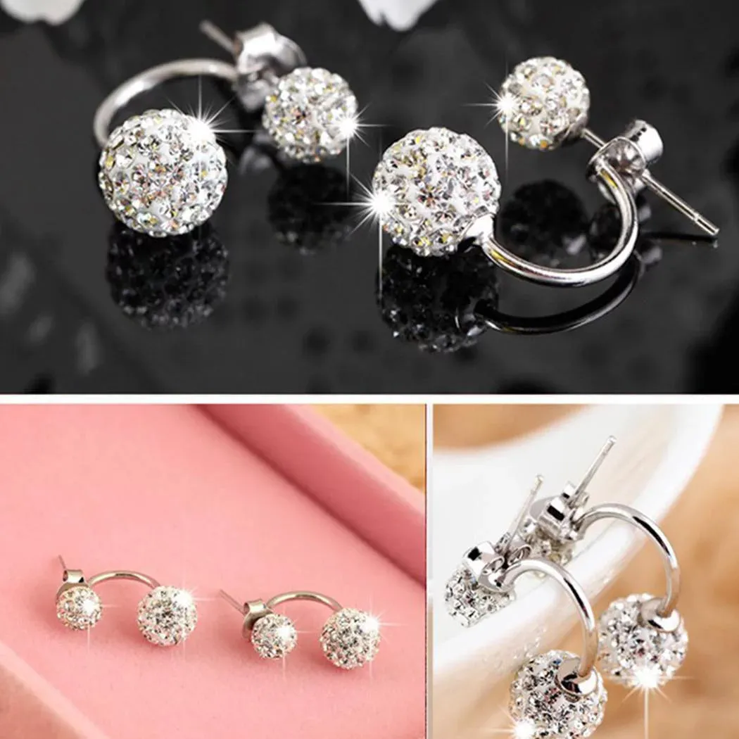 1 Pair Women Jewelry Silver Double Beaded Rhinestone Crystal Stud Earrings HFON