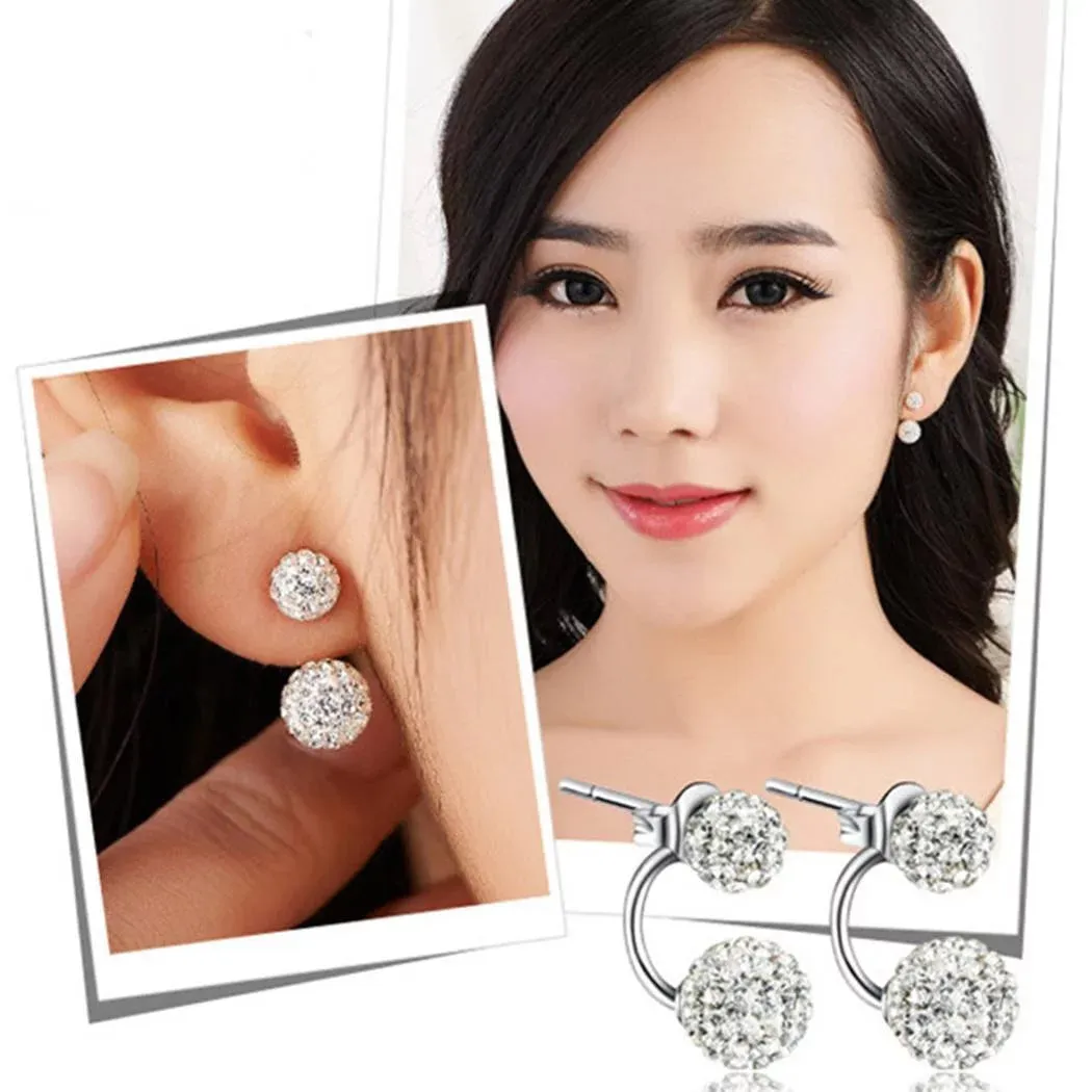 1 Pair Women Jewelry Silver Double Beaded Rhinestone Crystal Stud Earrings HFON