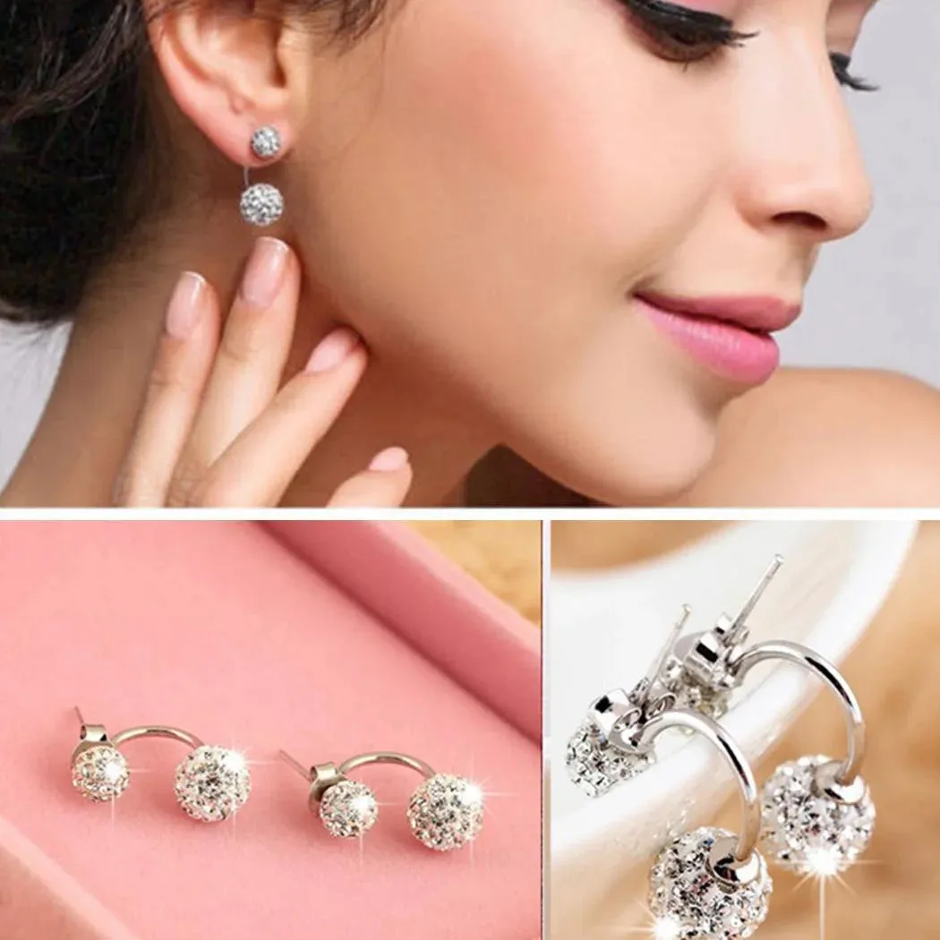 1 Pair Women Jewelry Silver Double Beaded Rhinestone Crystal Stud Earrings HFON