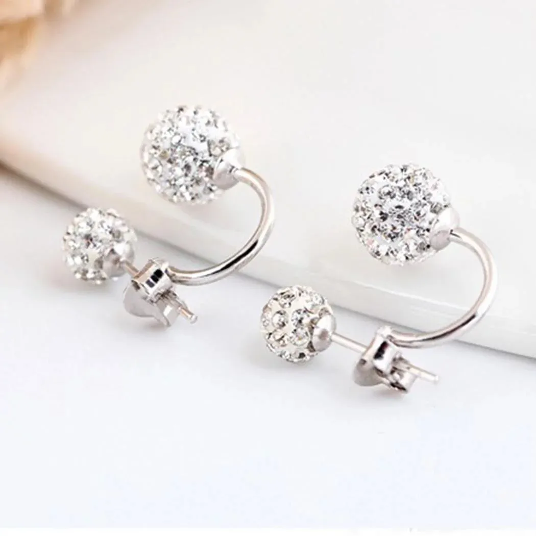 1 Pair Women Jewelry Silver Double Beaded Rhinestone Crystal Stud Earrings HFON