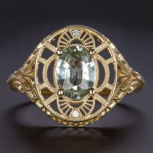 1.17ct GREEN SAPPHIRE DIAMOND RING VINTAGE STYLE ART NOUVEAU FILIGREE 14k GOLD