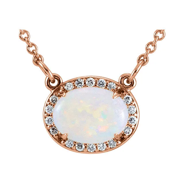14k Gold 9x7mm Australian Opal & .05 CTW Diamond Halo Necklace