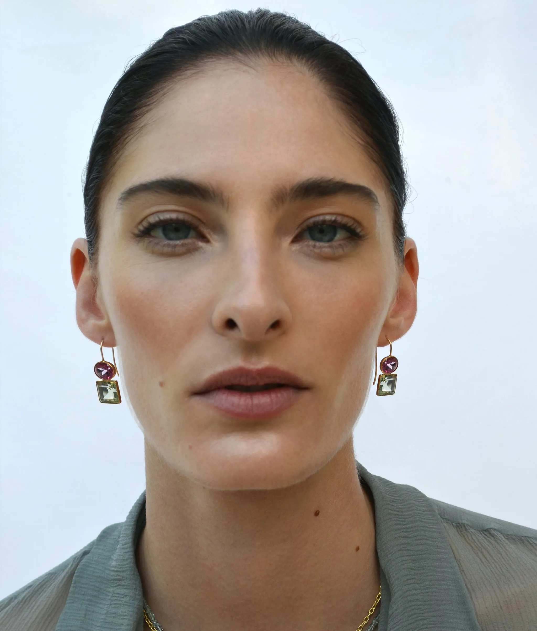 14k Gold Duo Earrings in Pink Topaz and Green Amethyst