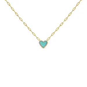 14K Gold Turquoise & Diamond Heart Necklace