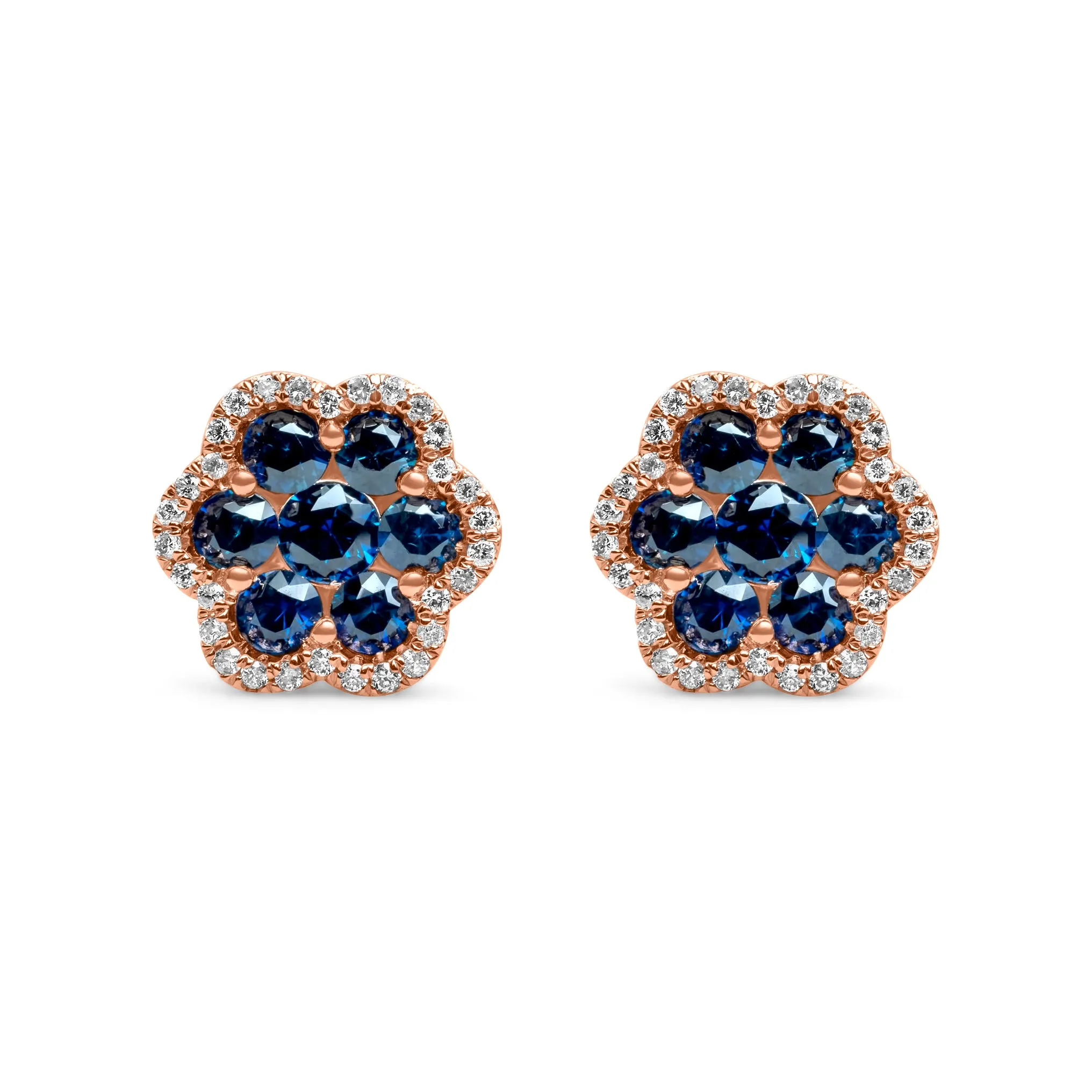 14k Rose Gold Diamond Sapphire Cluster Earrings