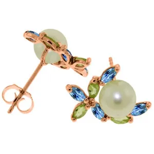 14K Solid Rose Gold Stud Earrings w/ Peridots, Blue Topaz & Pearls