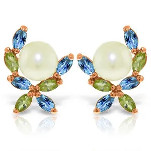 14K Solid Rose Gold Stud Earrings w/ Peridots, Blue Topaz & Pearls