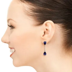 14K Solid White Gold Diamonds & Sapphires Dangling Earrings