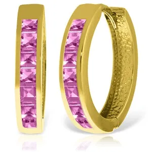 14K Solid Yellow Gold Hoop Huggie Earrings w/ Pink Sapphires