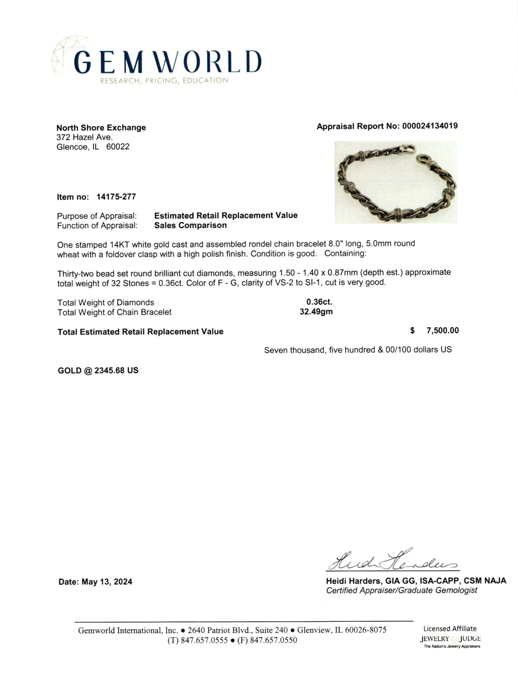 14K White Gold Bracelet with 4 Diamond Studded Rondelles