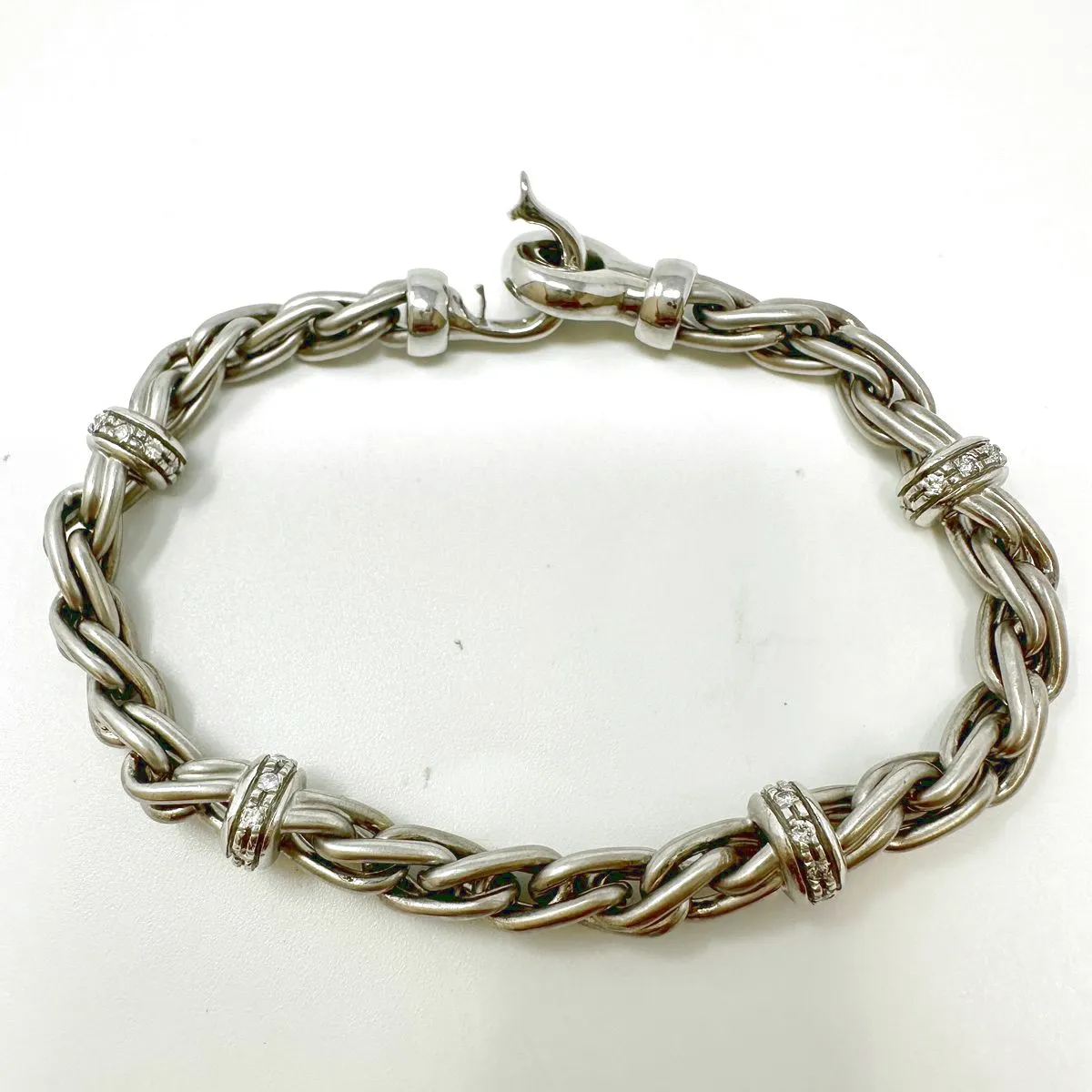 14K White Gold Bracelet with 4 Diamond Studded Rondelles