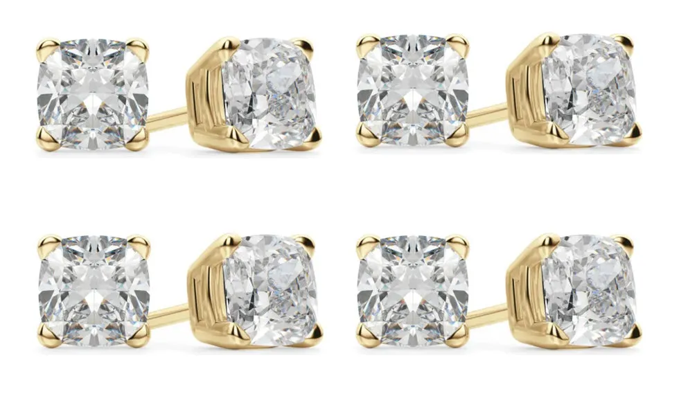 14k Yellow Gold 4mm 1Ct Cushion Cut White Sapphire Set Of Four Stud Earrings Plated
