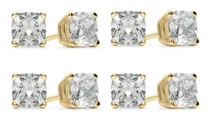 14k Yellow Gold 4mm 1Ct Cushion Cut White Sapphire Set Of Four Stud Earrings Plated