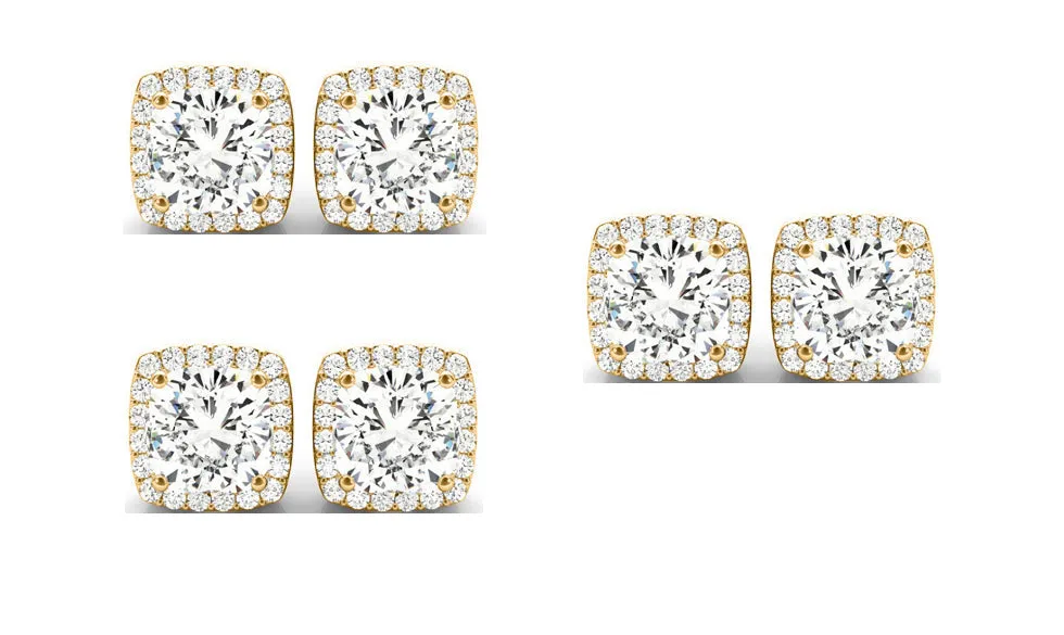 14k Yellow Gold 4mm 1Ct Cushion Cut White Sapphire Set Of Three Halo Stud Earrings Plated