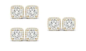 14k Yellow Gold 6mm 2Ct Cushion Cut White Sapphire Set Of Three Halo Stud Earrings Plated