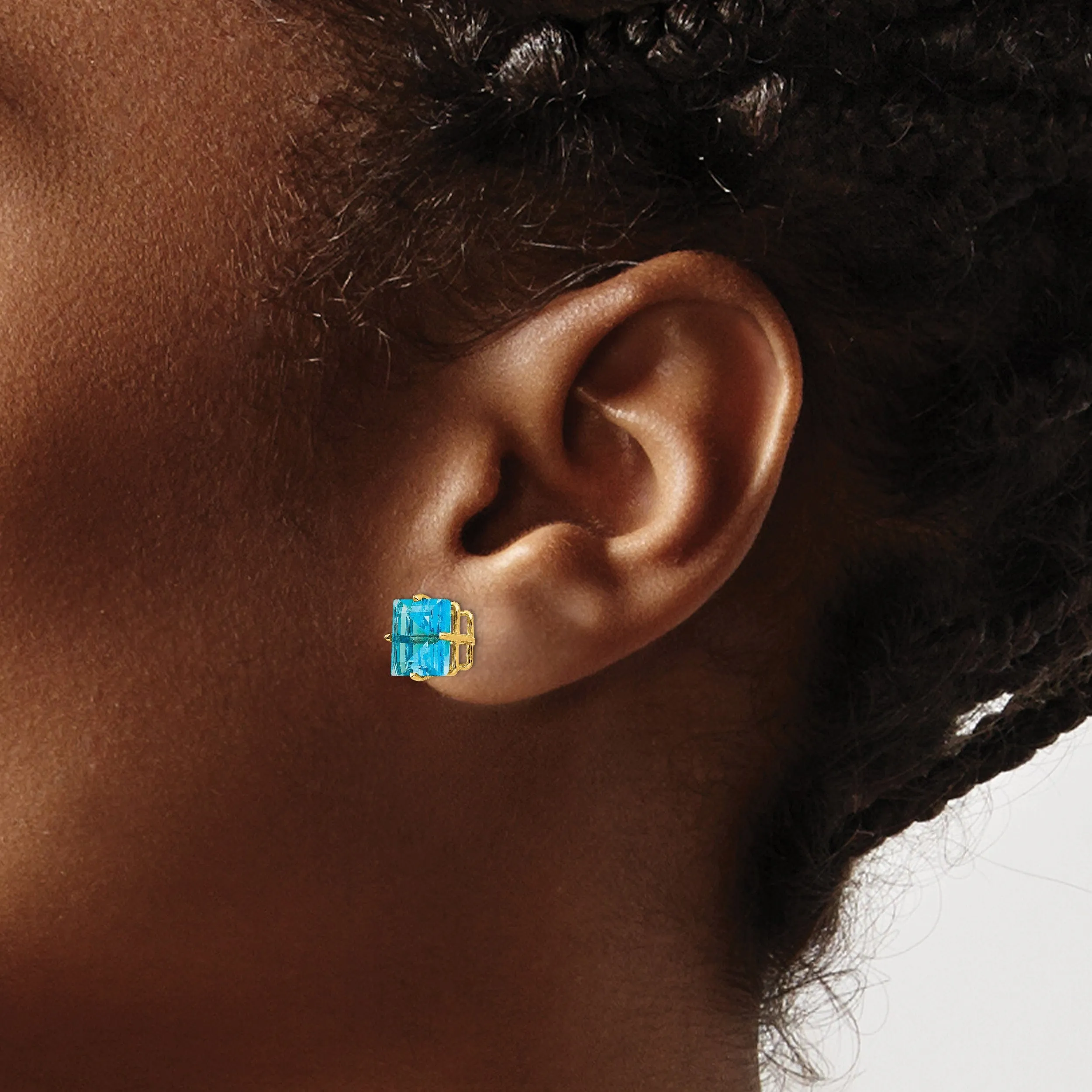 14k Yellow Gold 8MM Princess Cut Blue Topaz Earrin