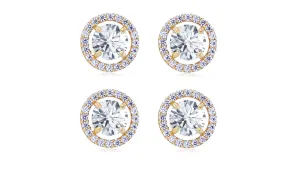 14k Yellow Gold Plated 1/2Ct Round White Sapphire Set Of Two Halo Stud Earrings