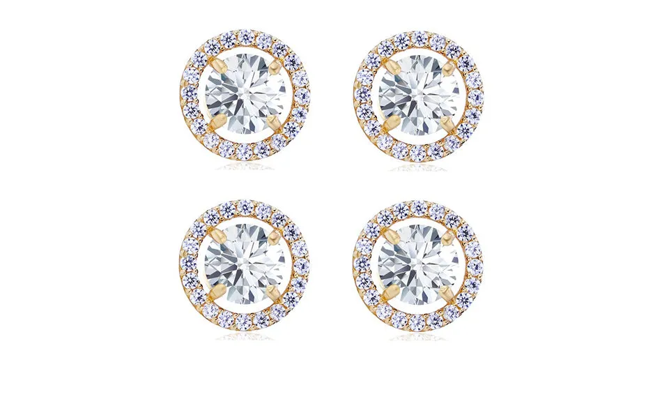14k Yellow Gold Plated 1/2Ct Round White Sapphire Set Of Two Halo Stud Earrings
