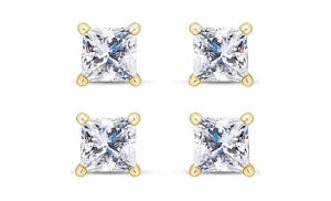 14k Yellow Gold Plated 4Ct Princess Cut White Sapphire Set Of Two Stud Earrings