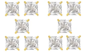 14k Yellow Gold Plated 4Ct Square Cut White Sapphire Set Of Five Stud Earrings