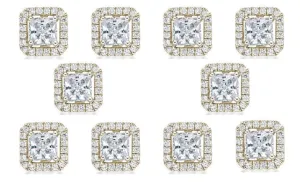 14k Yellow Gold Plated 4mm 3Ct Princess Cut White Sapphire Set of Five Halo Stud Earrings
