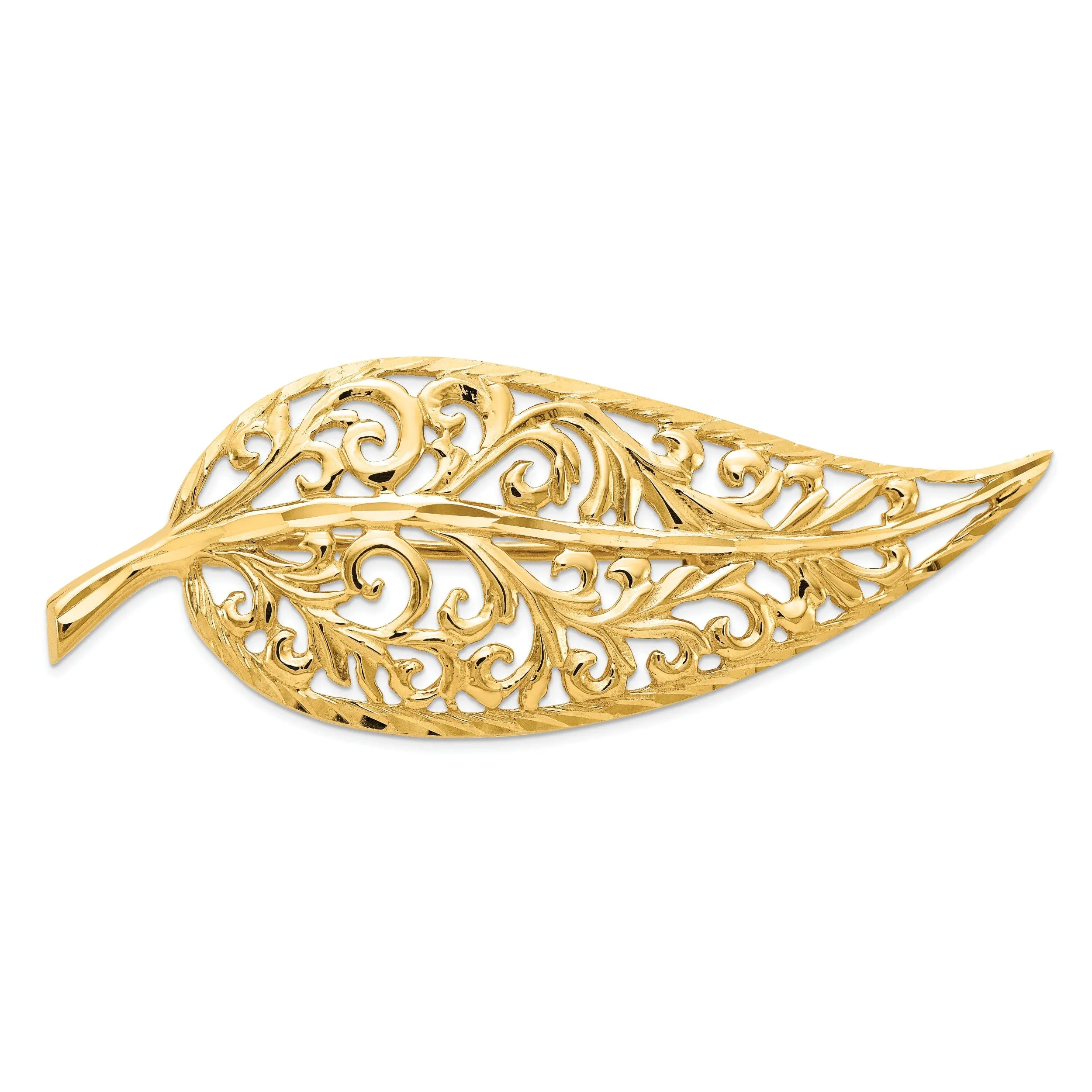 14k Yellow Gold Solid Polished Finish Women's Fancy Filigree Leaf Design Brooch