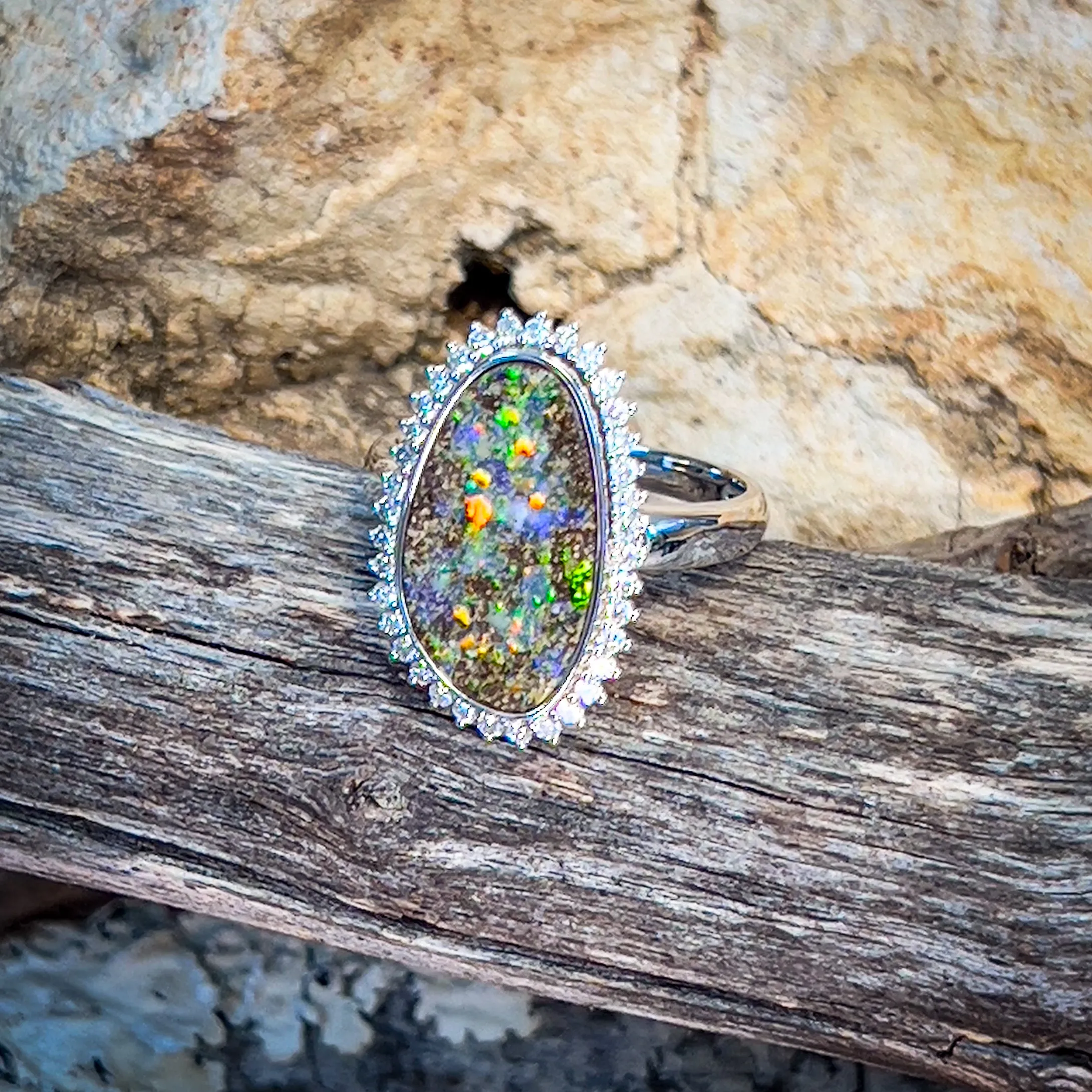 14kt White Gold 5.36ct Boulder Opal cluster design diamond ring