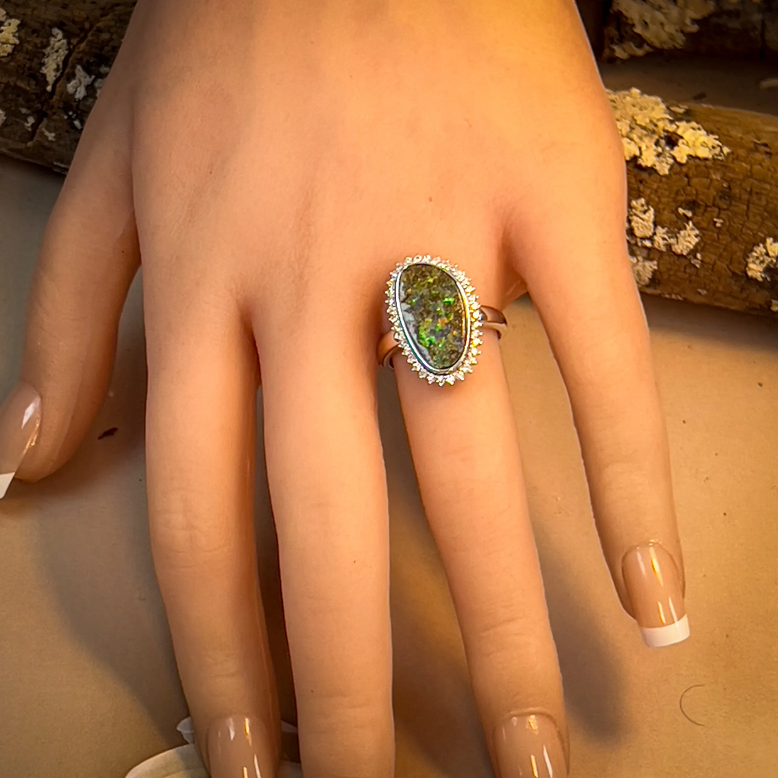 14kt White Gold 5.36ct Boulder Opal cluster design diamond ring