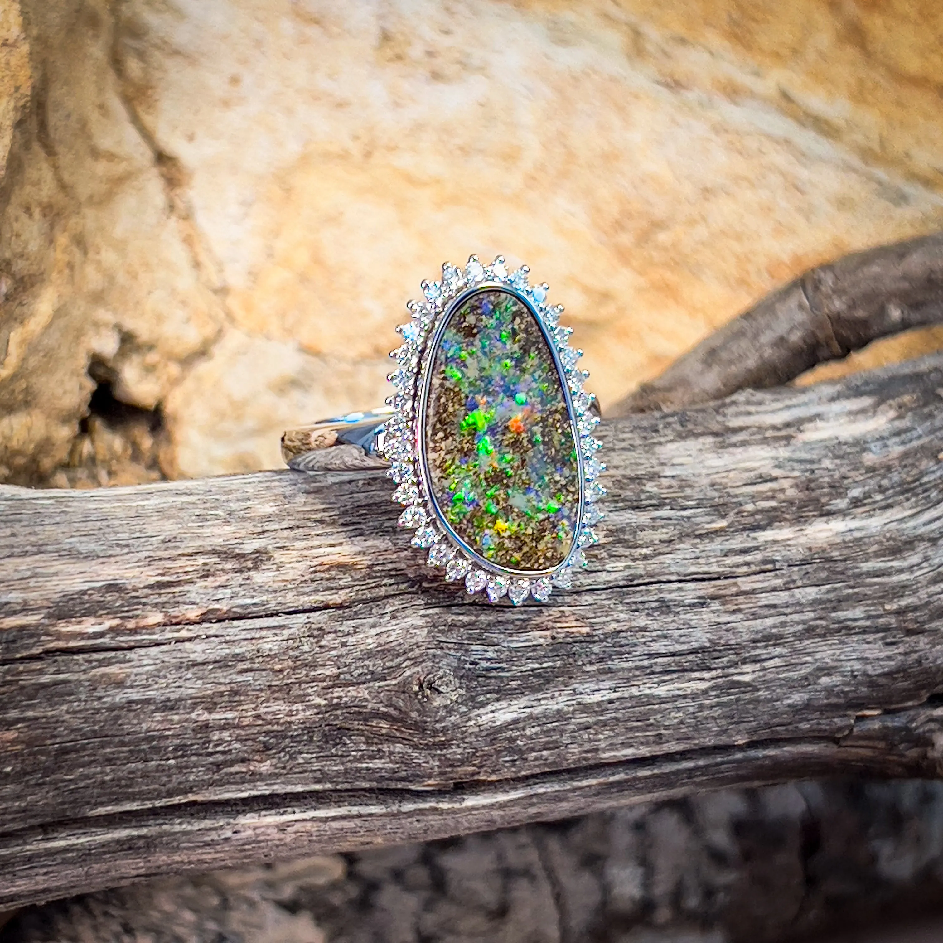 14kt White Gold 5.36ct Boulder Opal cluster design diamond ring