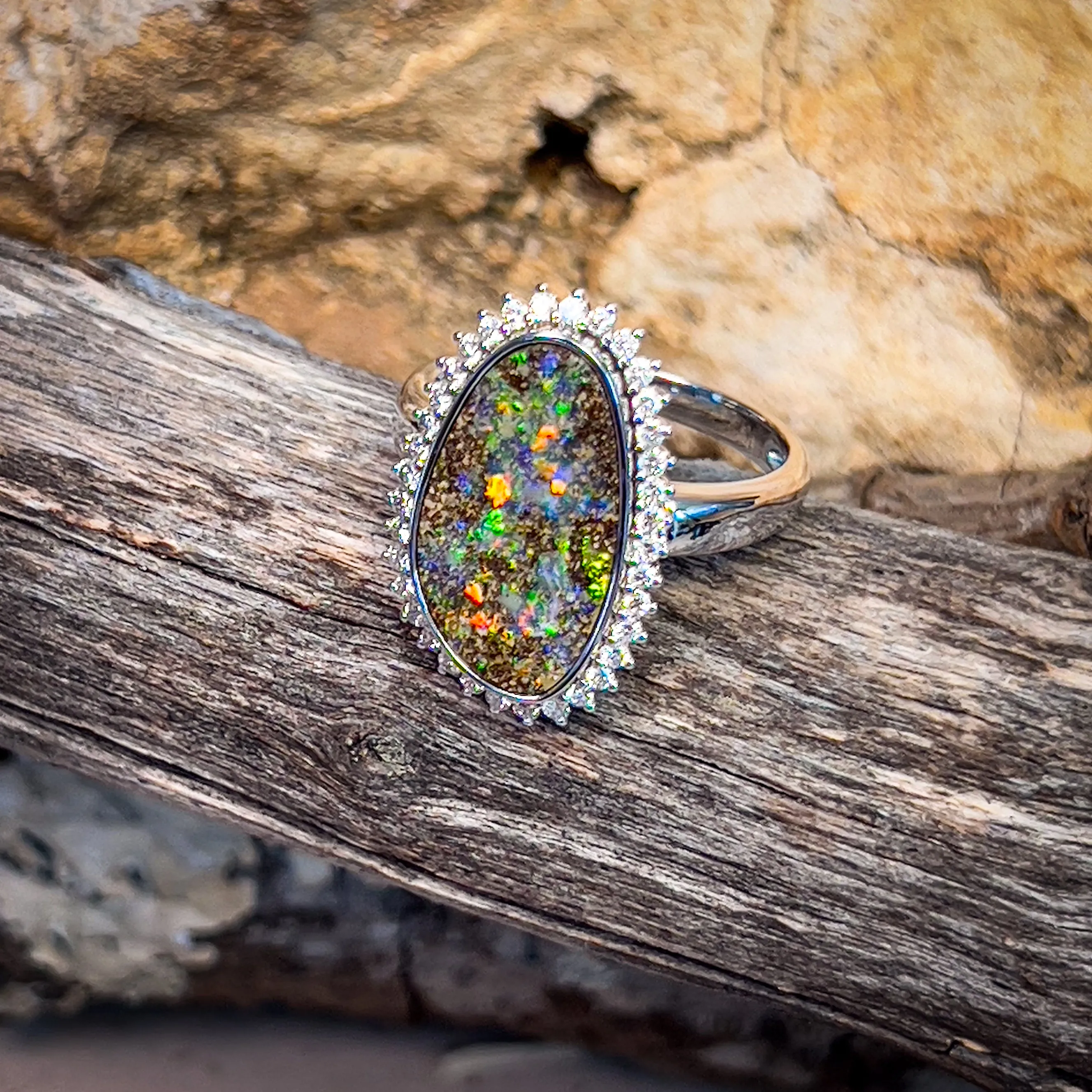 14kt White Gold 5.36ct Boulder Opal cluster design diamond ring
