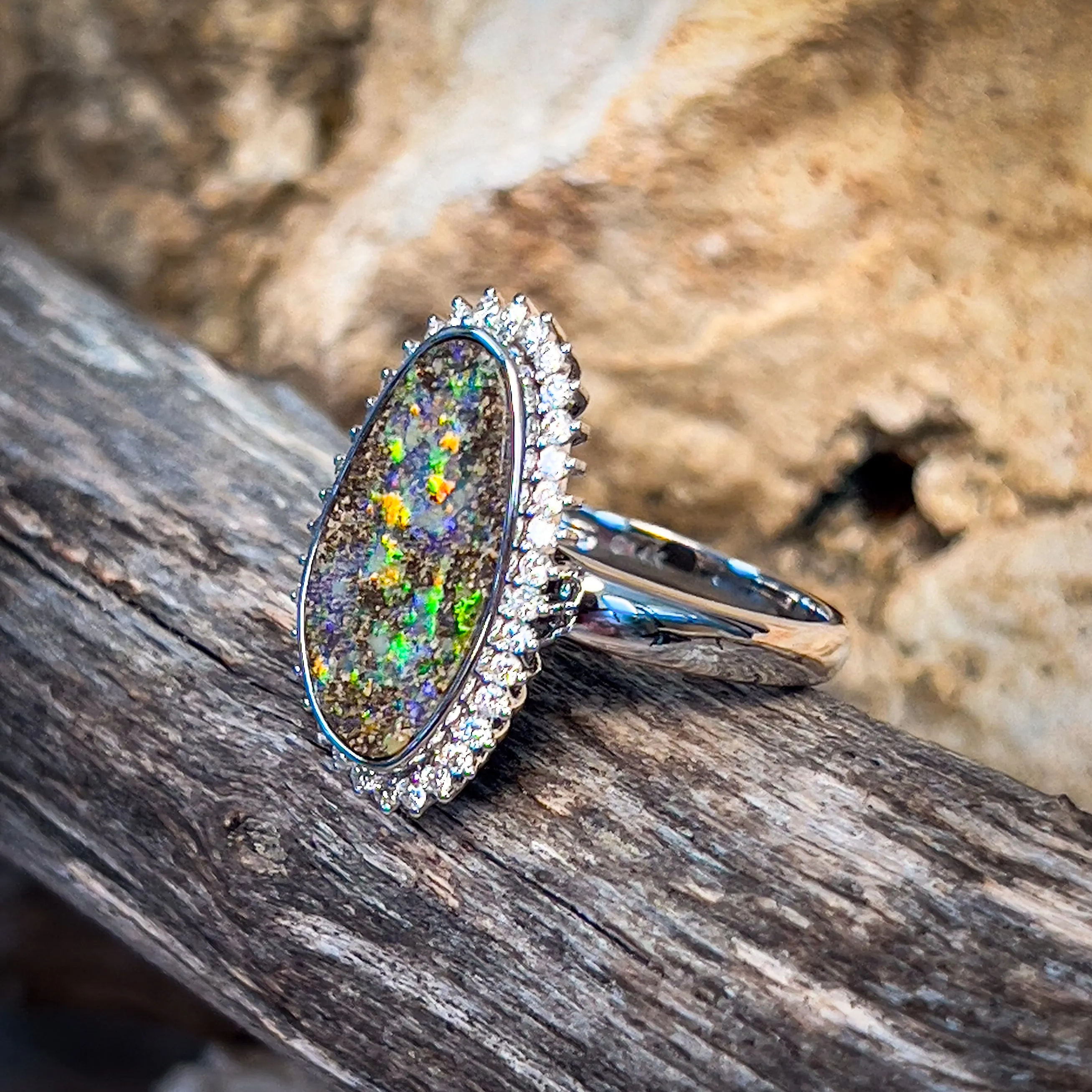 14kt White Gold 5.36ct Boulder Opal cluster design diamond ring