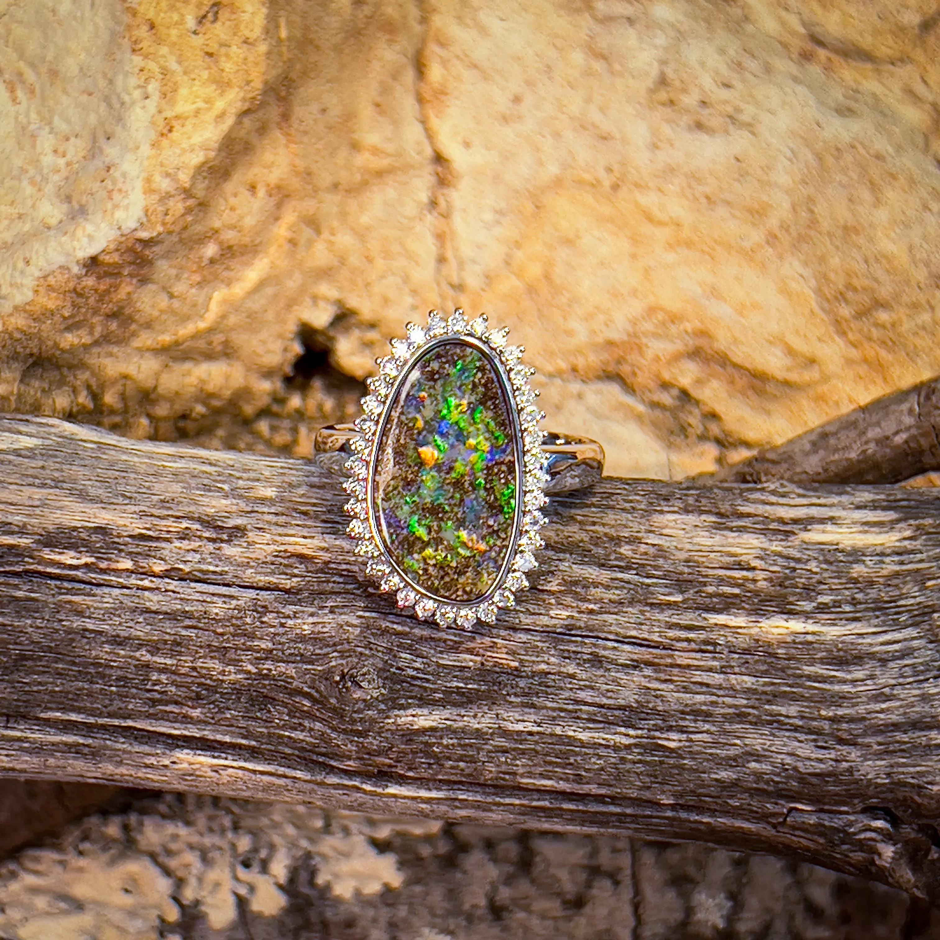 14kt White Gold 5.36ct Boulder Opal cluster design diamond ring