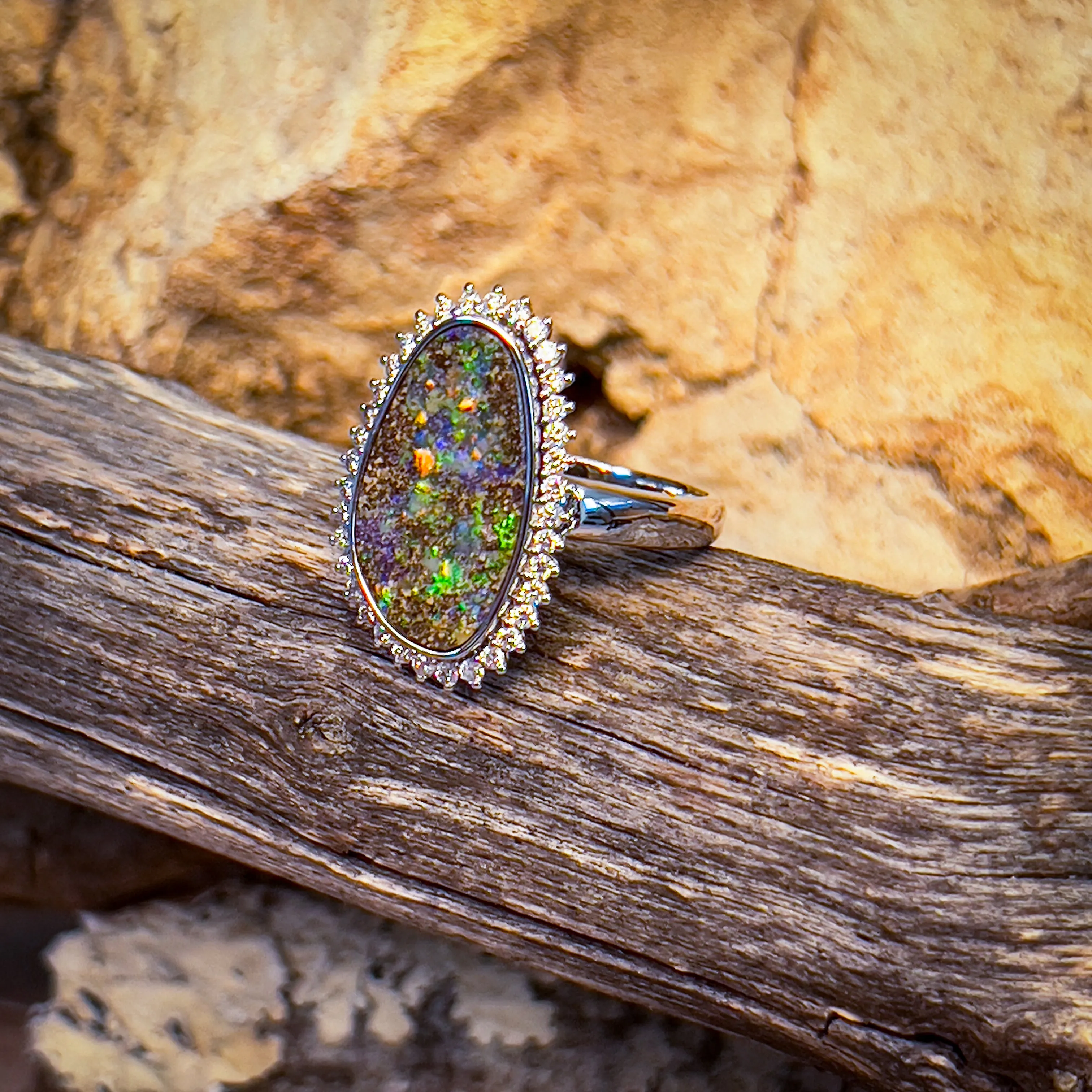 14kt White Gold 5.36ct Boulder Opal cluster design diamond ring