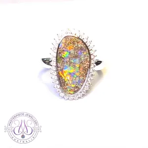 14kt White Gold 5.36ct Boulder Opal cluster design diamond ring