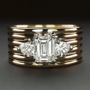 1.65ct VINTAGE DIAMOND COCKTAIL RING 18k YELLOW GOLD 3 STONE WIDE CIGAR BAND