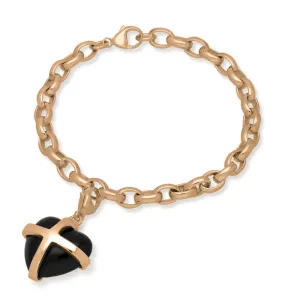 18ct Rose Gold Whitby Jet Large Cross Heart Charm Bracelet
