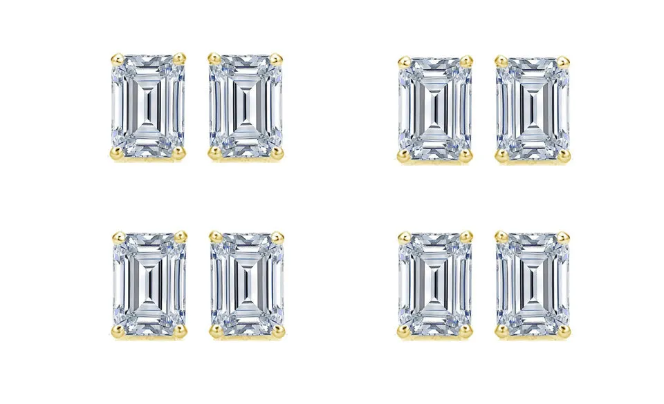 18k Yellow Gold 6mm 1/2Ct Emerald Cut White Sapphire Set Of Four Stud Earrings Plated