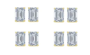 18k Yellow Gold 6mm 1/2Ct Emerald Cut White Sapphire Set Of Four Stud Earrings Plated