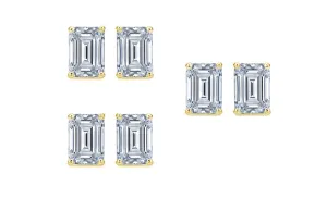 18k Yellow Gold 6mm 1/2Ct Emerald Cut White Sapphire Set Of Three Stud Earrings Plated