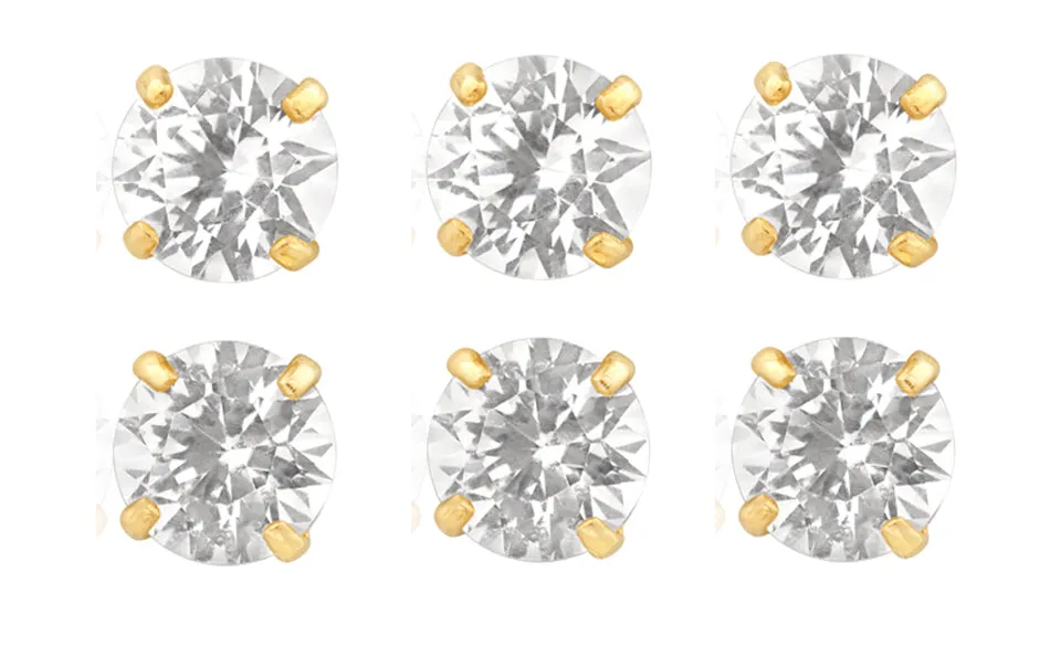 18k Yellow Gold Plated 1/2Ct Round White Sapphire Set Of Three Stud Earrings