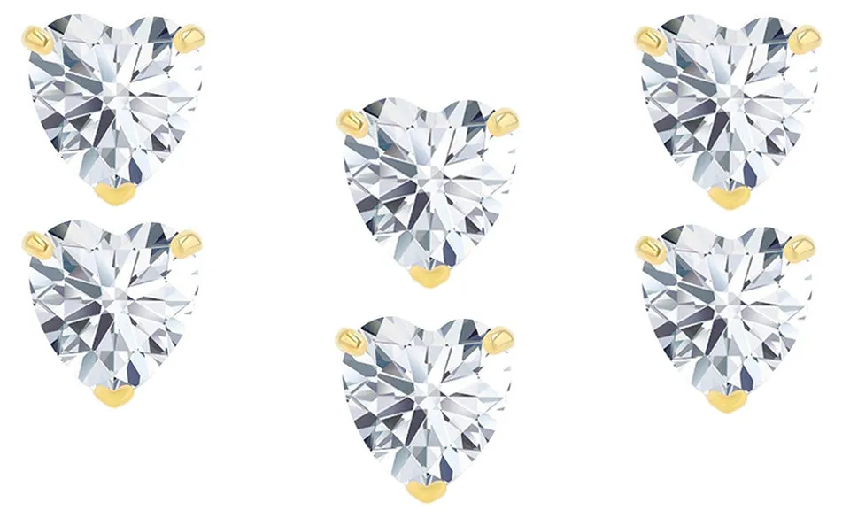 18k Yellow Gold Plated 3Ct Heart White Sapphire Set Of Three Stud Earrings