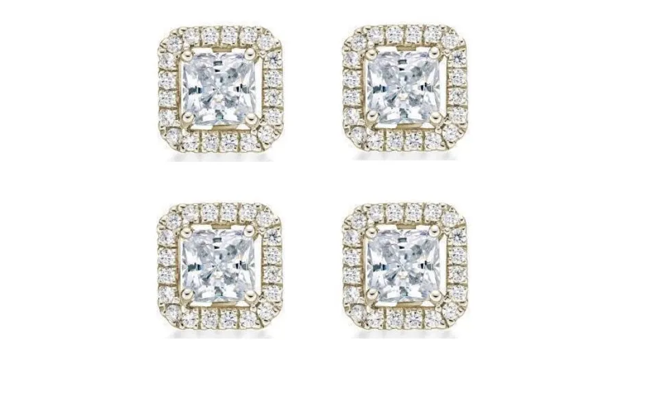 18k Yellow Gold Plated 3Ct Princess Cut White Sapphire Set of Two Halo Stud Earrings