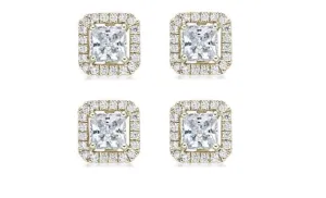 18k Yellow Gold Plated 3Ct Princess Cut White Sapphire Set of Two Halo Stud Earrings