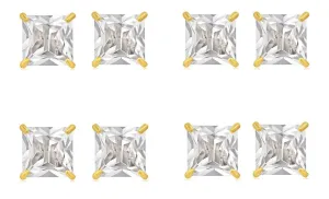 18k Yellow Gold Plated 3Ct Square Cut White Sapphire Set Of Four Stud Earrings