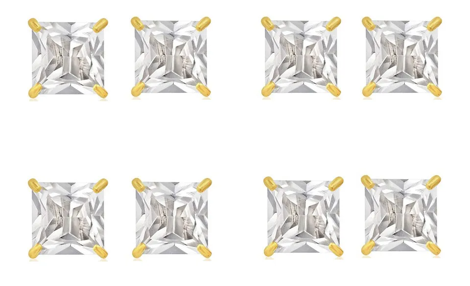 18k Yellow Gold Plated 3Ct Square Cut White Sapphire Set Of Four Stud Earrings