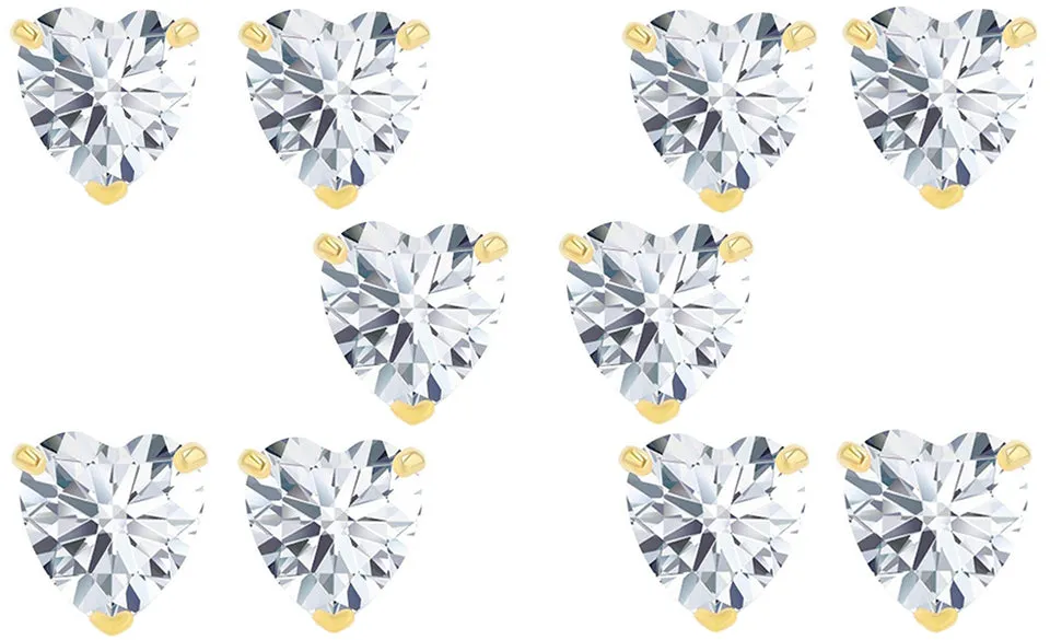 18k Yellow Gold Plated 4mm 1/2Ct Heart White Sapphire Set Of Five Stud Earrings