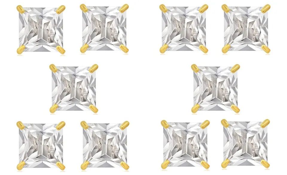 18k Yellow Gold Plated 6mm 1Ct Square Cut White Sapphire Set Of Five Stud Earrings